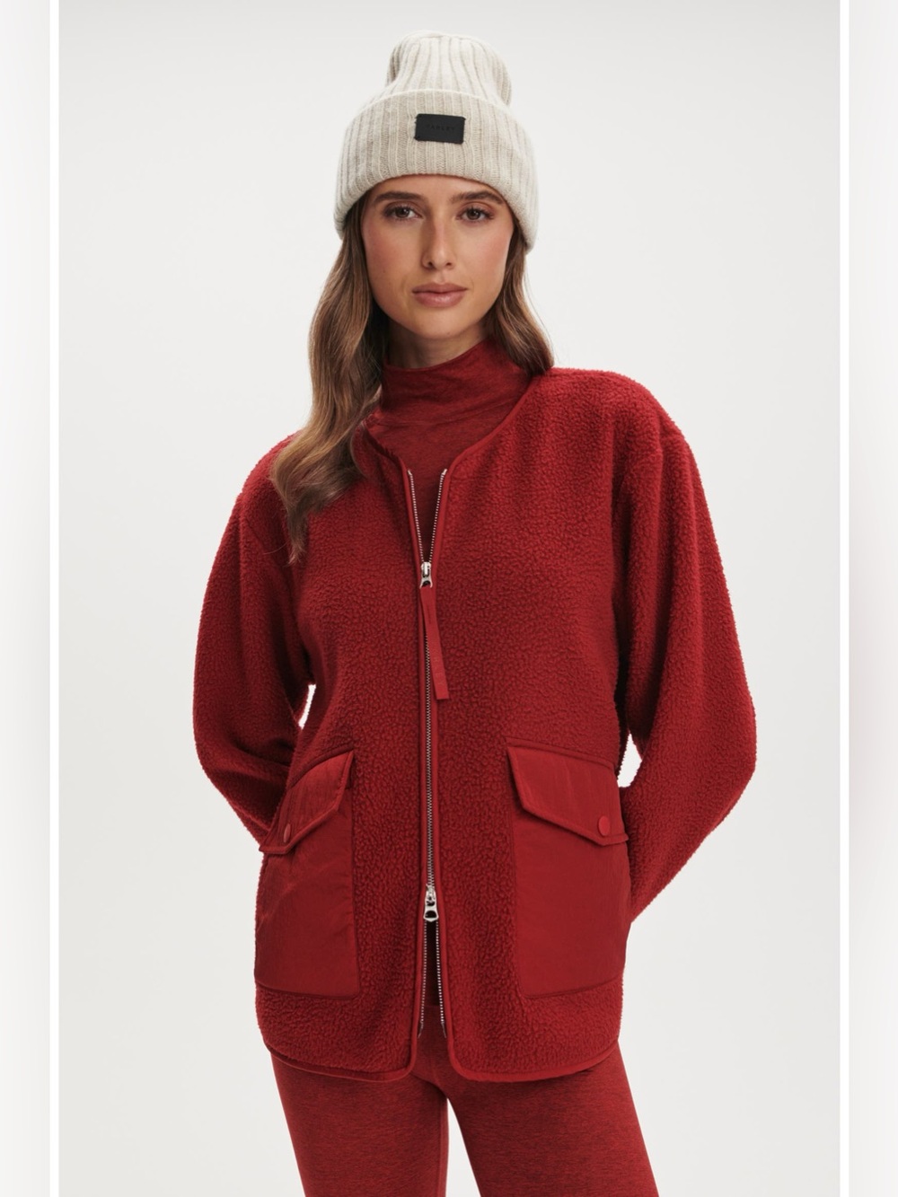 Varley Marina Collarless Fleece Jacket Red Dahlia Women's Size Medium Full Zip
